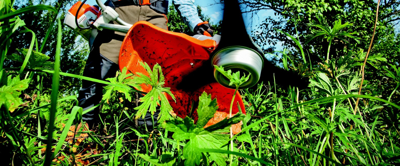 Eine Person schneidet Gras mit einer Motorsense in einer grünen Umgebung.